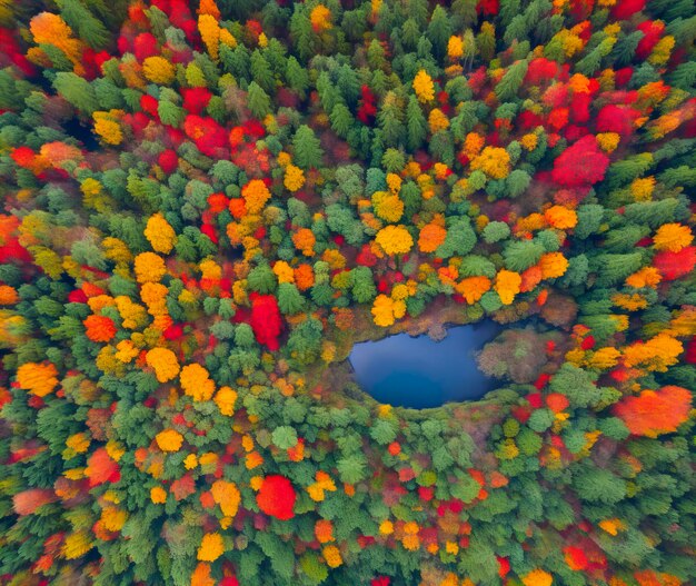 Bosque sereno con árboles adornados con vibrantes colores de verano generados por IA aérea