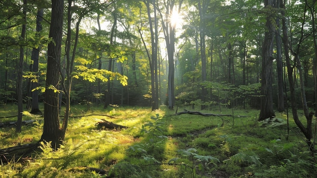 Un bosque sereno con luz solar manchada Ilustración generada por IA