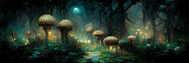Bosque de setas de fantasía, árboles, naturaleza, encantado. Paisaje de setas. Ilustración digital 3D