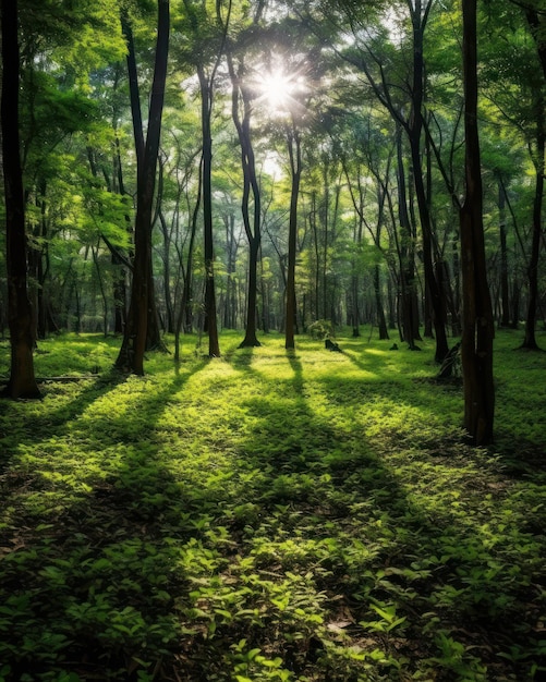 Foto bosque silencioso en primavera con hermosos rayos de sol brillantes ia generativa