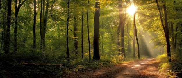 Bosque silencioso en primavera con hermosos rayos de sol brillantes IA generativa