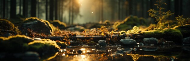 Bosque silencioso en primavera con hermosos rayos de sol brillantes IA generativa