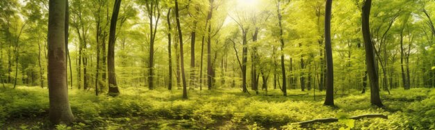 Bosque silencioso en primavera con hermosos rayos de sol brillantes IA generativa