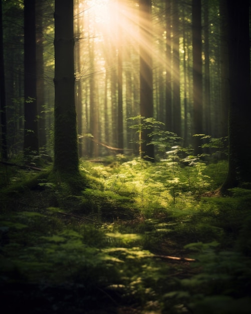 Bosque silencioso en primavera con hermosos rayos de sol brillantes IA generativa