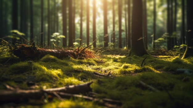 Bosque silencioso en primavera con hermosos rayos de sol brillantes IA generativa