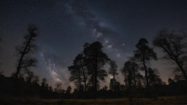 Foto bosque de silueta con fondo de galaxia