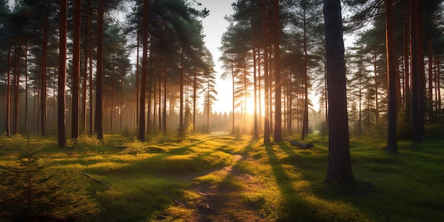 Un bosque con un sol brillando en el suelo.