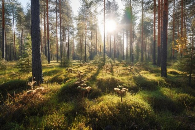 Un bosque con un sol brillando en el suelo.