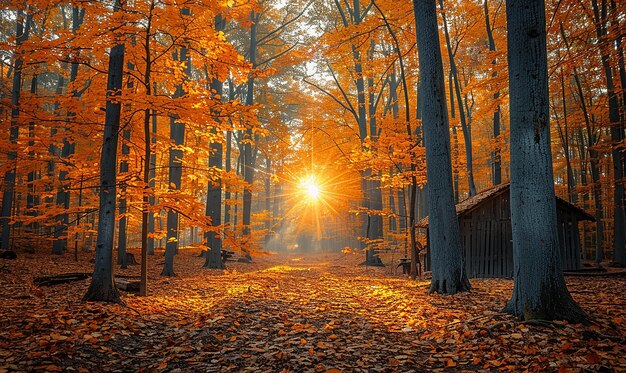 un bosque con un sol brillando a través de los árboles