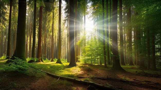 Un bosque con el sol brillando a través de los árboles.