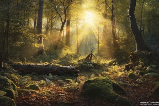 Un bosque con un sol brillando a través de los árboles.