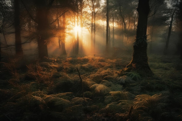 Un bosque con sol brillando a través de los árboles.