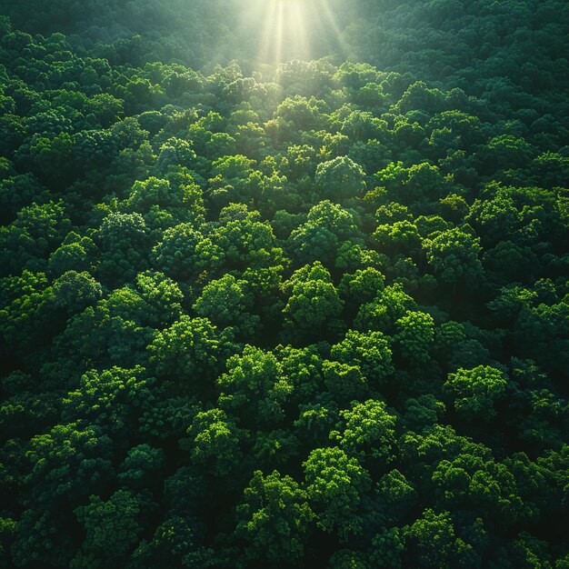 un bosque con un sol brillando a través de los árboles