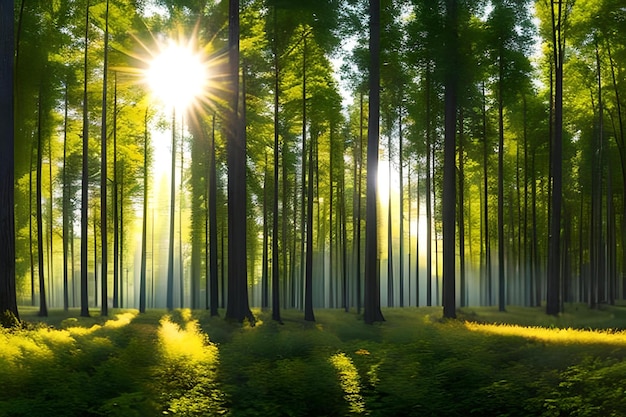 Un bosque con el sol brillando a través de los árboles.