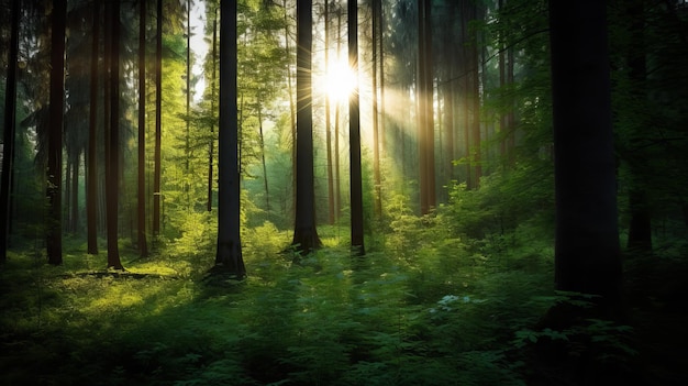 Un bosque con sol brillando a través de los árboles.