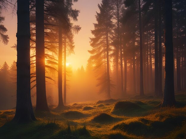 un bosque con un sol brillando a través de los árboles