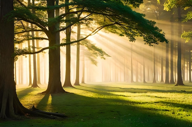 Un bosque con el sol brillando a través de los árboles