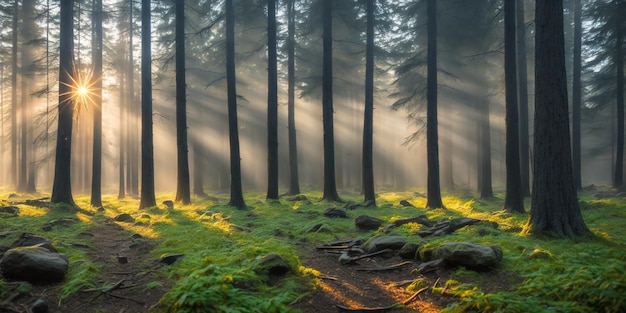 Un bosque con sol brillando a través de los árboles.