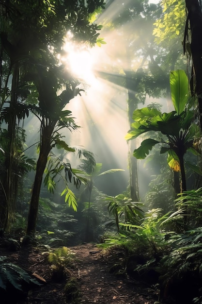 Un bosque con el sol brillando a través de los árboles.