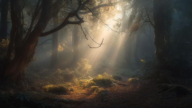 Un bosque con el sol brillando a través de los árboles.