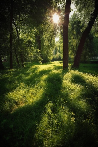 Un bosque con el sol brillando a través de los árboles.