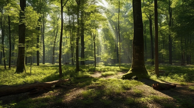 Un bosque con un sol brillando a través de los árboles.