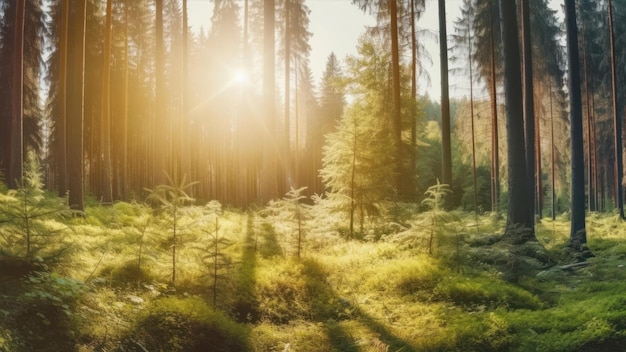 Un bosque con un sol que brilla en los árboles.