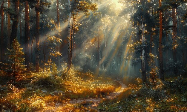 Un bosque soleado con rayos de luz