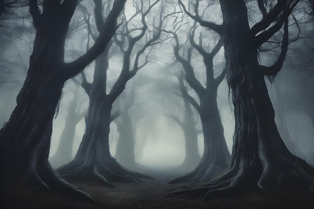 Un bosque sombrío de árboles secos con niebla por todas partes.