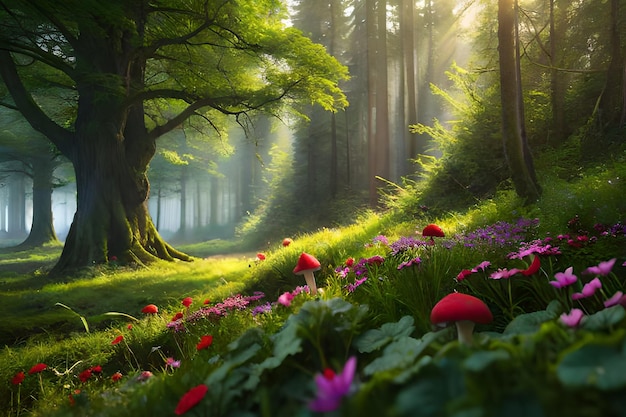 Un bosque con suelo de bosque y flores en primer plano