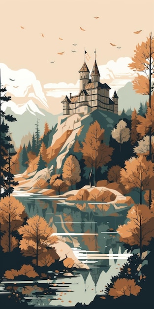 Bosque templado con montañas alpinas y palacio en el lago