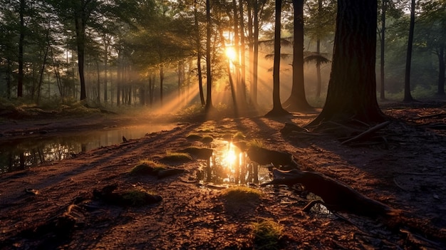 Un bosque tranquilo al amanecer con los suaves rayos del sol de la mañana filtrándose a través del dosel
