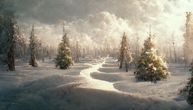 Bosque con troncos de árboles de nieve blanca y camino en invierno