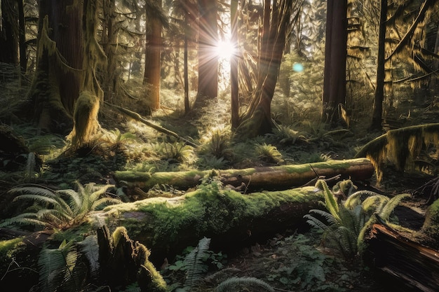 Bosque con troncos cubiertos de musgo y vistas panorámicas del sol brillando a través de los árboles