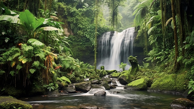 un bosque tropical con una cascada en el fondo