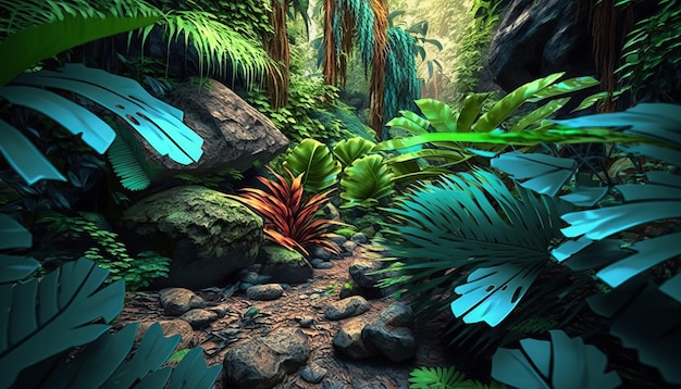 Bosque tropical colorido. IA generativa.