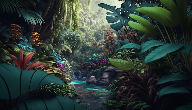 Bosque tropical colorido. IA generativa.