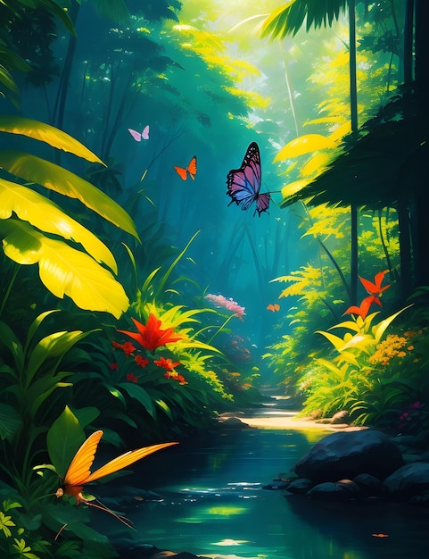 Bosque tropical un día soleado Magia con río y mariposas coloridas Pintura acrílica Ai Generativa