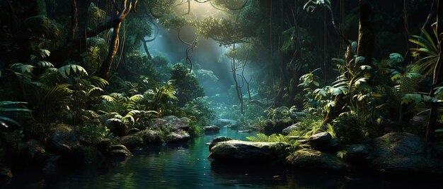 El bosque tropical encantado brilla misteriosamente en medio de la exuberante vegetación