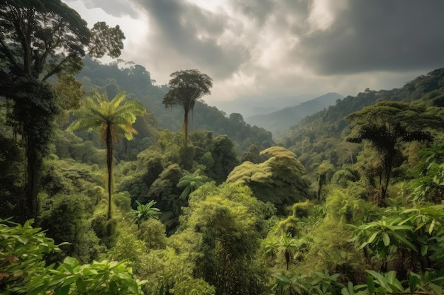 Bosque tropical con follaje denso y nubes en el cielo creado con ai generativo
