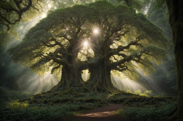 Bosque tropical con un gran árbol cubierto de hojas verdes