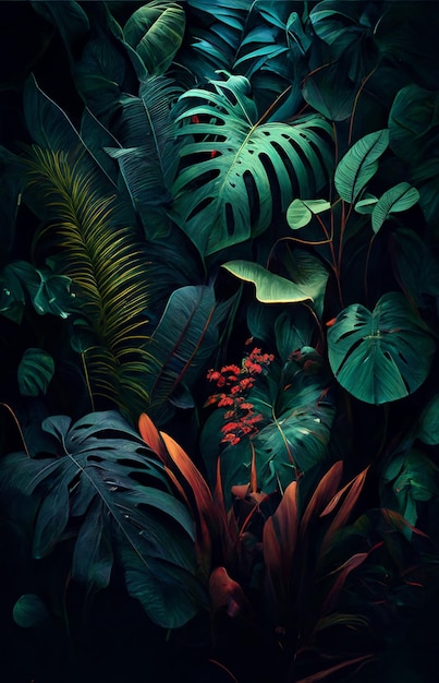 Un bosque tropical con una hoja verde y una flor roja.