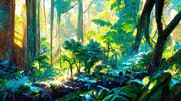Bosque tropical en la mañana soleada ilustración 3D
