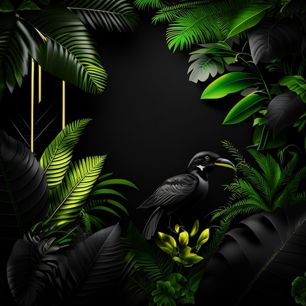 Bosque tropical con un marco cuadrado sobre fondo negro