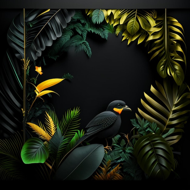 Bosque tropical con un marco cuadrado sobre fondo negro
