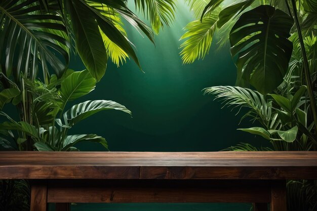 Foto un bosque tropical con una mesa de madera como telón de fondo