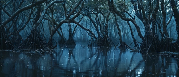 Bosque tropical oscuro espeluznante bosques aterradores con extraños manglares vista panorámica de la sombría selva de cuentos de hadas concepto de fantasía naturaleza película de terror pantano