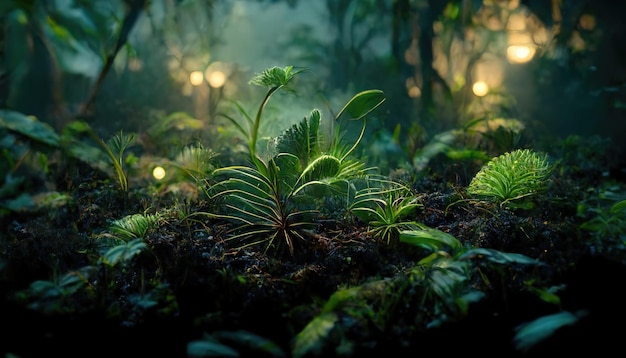 Bosque tropical oscuro con plantas exóticas, hojas de palma y hierba verde en un claro