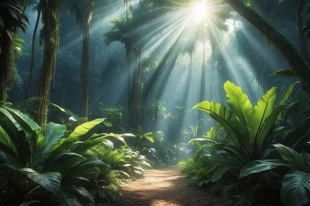 Bosque tropical con plantas tropicales y rayos solares creados utilizando tecnología de IA generativa