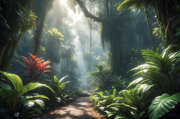 Bosque tropical con plantas tropicales en el sol creado utilizando tecnología de IA generativa